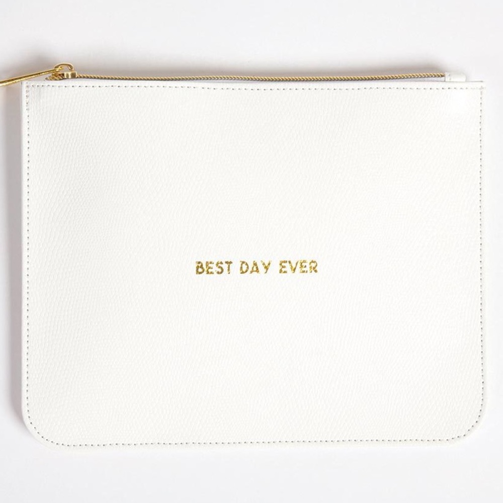 Best Day Ever white + gold clutch.